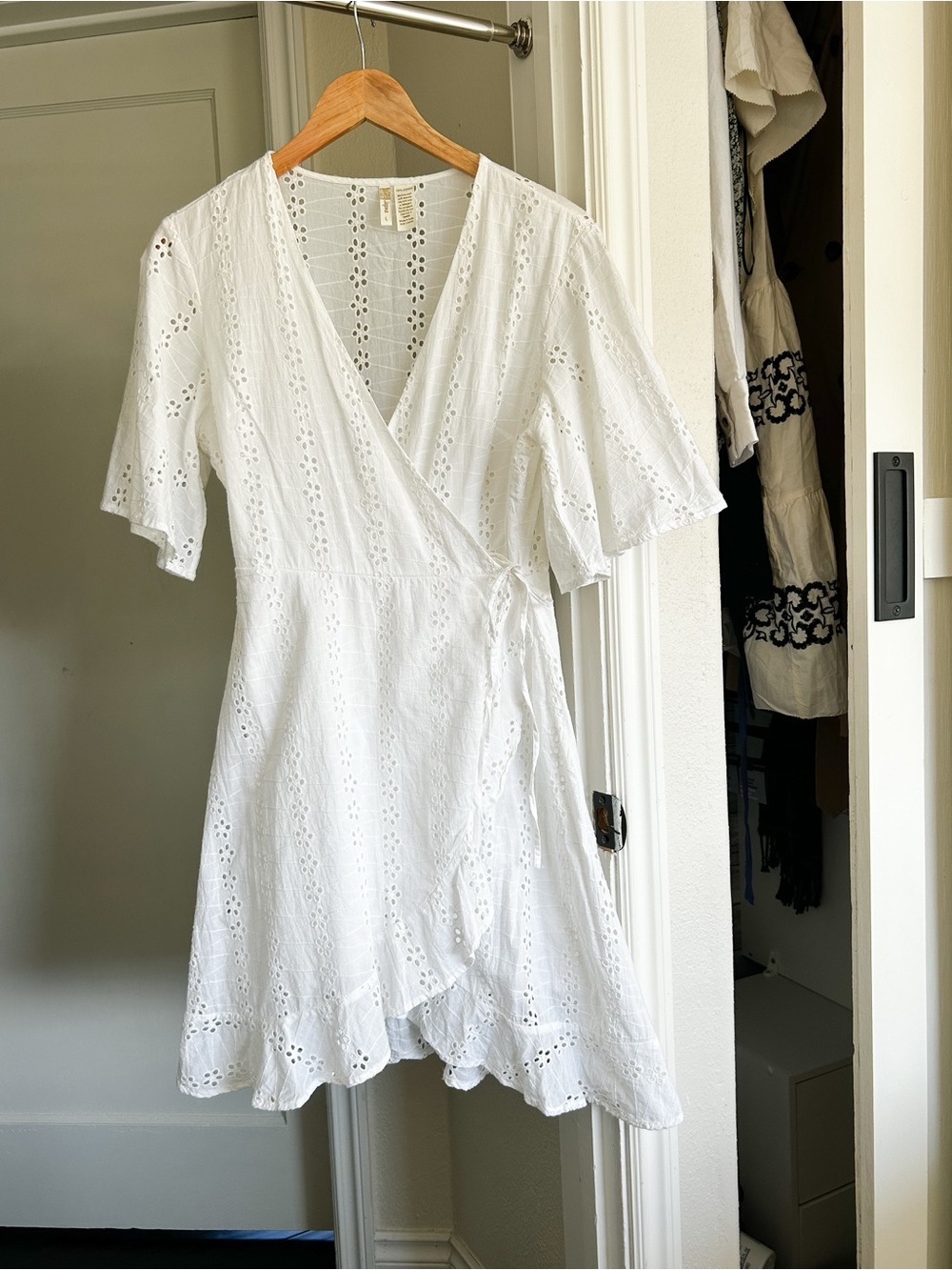 NWOT White Eyelet Wrap Mini Dress
